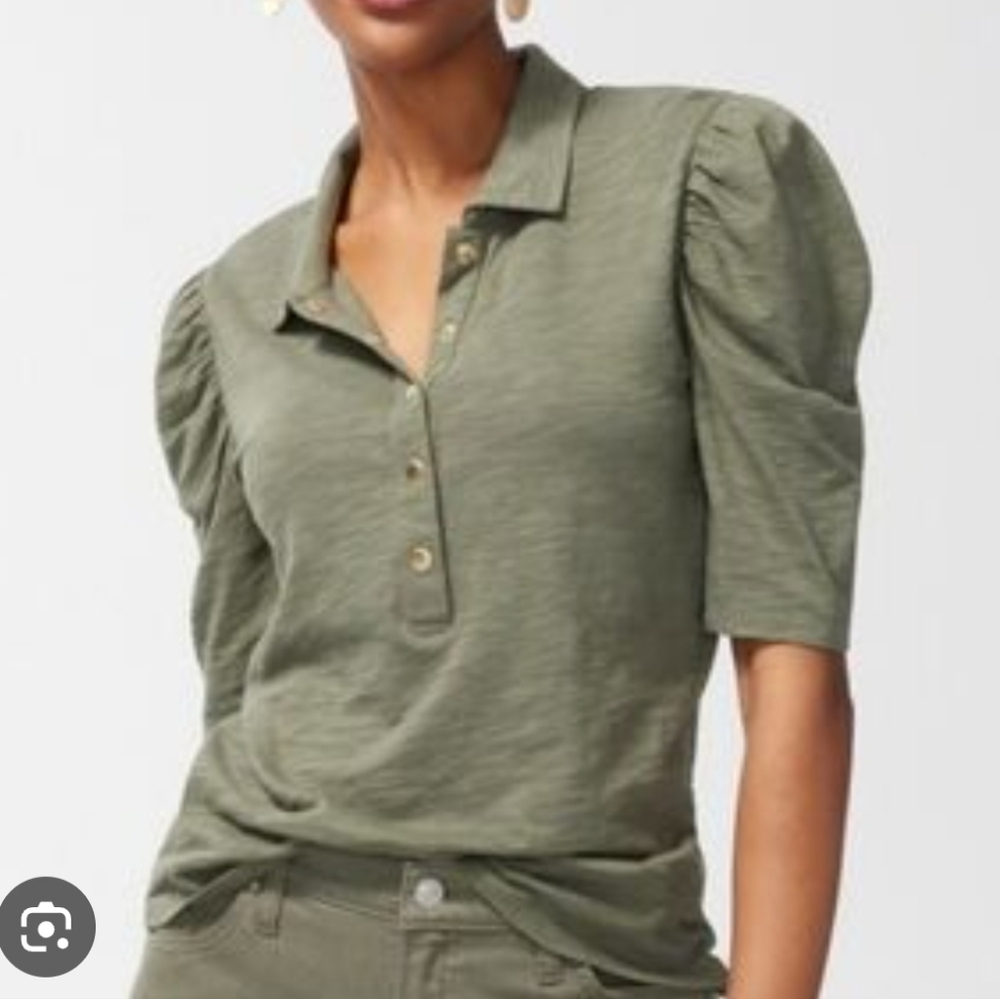 Chico's Olive Gold Tone Snaps Puff Sleeve Slub Material Top Size S